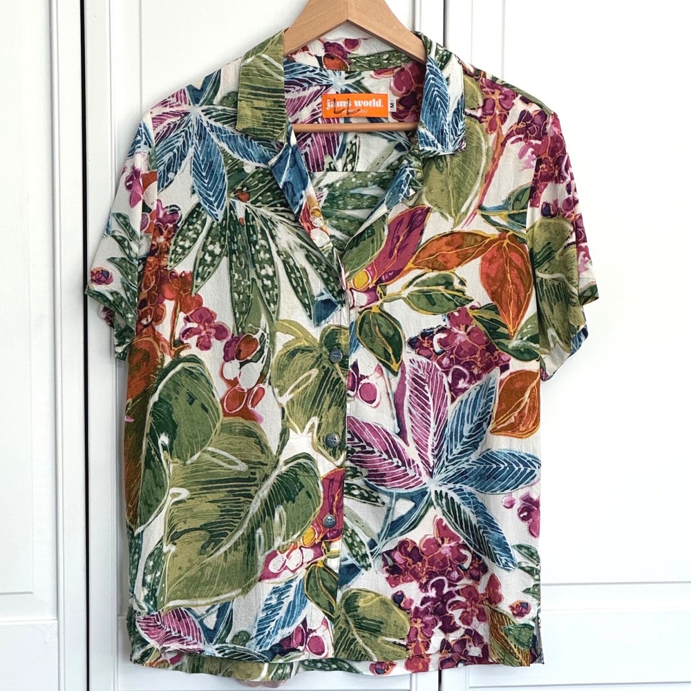 Jams World Joy Garden Tropical Floral Rayon Button Down Hawaiian Shirt Medium